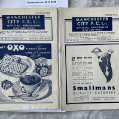 1940s Manchester City v Liverpool Football Programmes: 47/48 has rusty staples that have rotted away and a split spine. 48/49 is excellent with no team changes. (2)