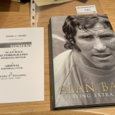 Alan Ball Arsenal + England Multi Signed Football Book: Hardback book with dust jacket signed at the launch of his autobiography at Arsenal and comes with menu to mark the event. Ball has signed twice and includes team mates and friends including Bob Wilson Jack Charlton Frank McLintock Tommy Docherty and boxer Dave Boy Green.