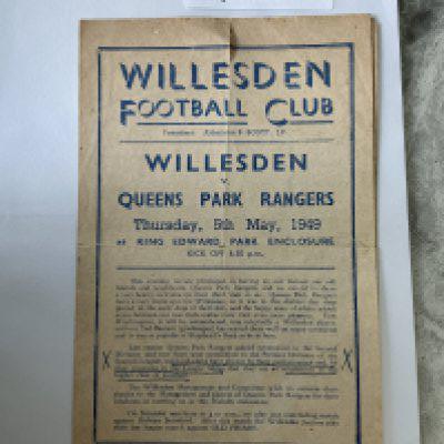 48/49 Willesden v QPR Football Programme: Below average condition friendly programme with team changes, writing, folds and tears. Dated 5 5 1949.