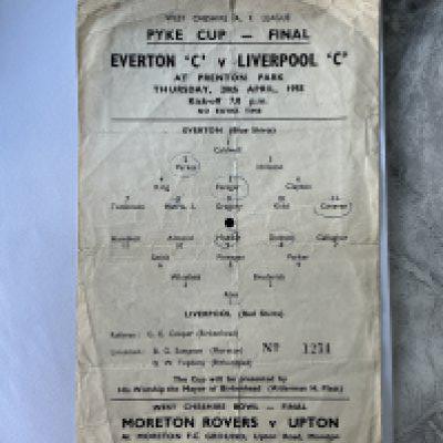 54/55 Everton v Liverpool Pyke Cup Final Football Programme: Fair condition rare programme played at Tranmere with no team changes but a few players circled. Played on Thursday 28 4 1955 between Everton C Team and Liverpool C Team. Writing to rear blank page and creasing.