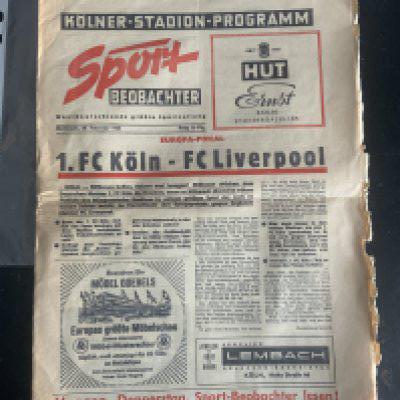 64/65 Cologne v Liverpool Football Programme: European Cup newspaper style programme is good with no writing. Wear to right hand edge.