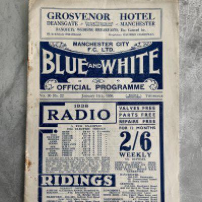 35/36 Manchester City v Portsmouth Football Programme: FA Cup match in good condition with pencilled team changes. Rusty staples holding firm.
