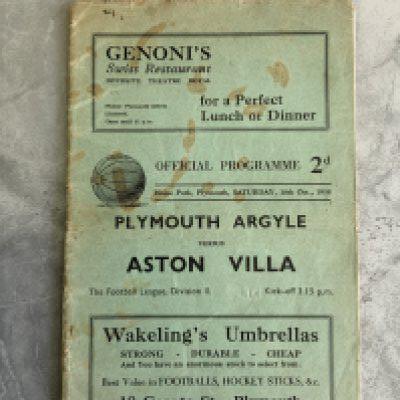 36/37 Plymouth v Aston Villa Football Programme: 2nd Division match in fair condition with no team changes. Staining to cover.