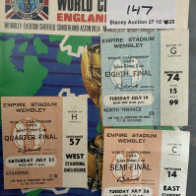 1966 World Cup Football Tickets: England v Portugal semi final, England v Argentina and Mexico v Uruguay all very good with 2 having light fold. C/W tournament programme. (4)