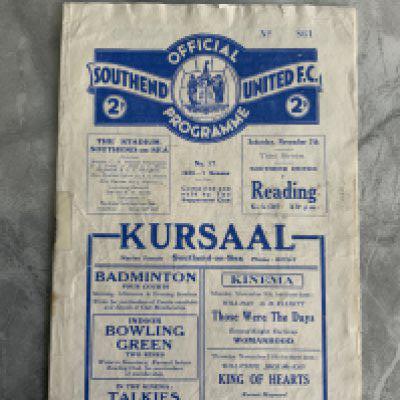 36/37 Southend United v Reading Football Programme: 3rd Division South match in fair condition with no team changes. Repair at rusty staple area.
