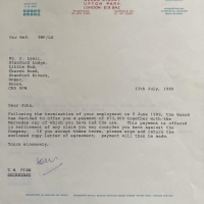 John Lyalls West Ham Termination Of Contract + More: Original letter which ended the 34 years of employment at the club. The letter from secretary Tom Finn details payments and calculations. Lyall was sacked at Len Cearns (Chairman) house in Chigwell and Included in this lot are some notes John made about promises the chairman made which he made Mr Cearns sign as a guarantee it would be followed up.