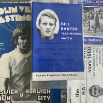 Ipswich Town Home Testimonial Football Programmes: Includes 65/66 Arsenal (Ellsworth) and great names such as Baxter Crawford Harper Mills Viljoen Lambert Whymark Hamilton Robson Gray Beattie Hunter Sivell Wark newspaper version and many more. Collectors folder contains 26 programmes.