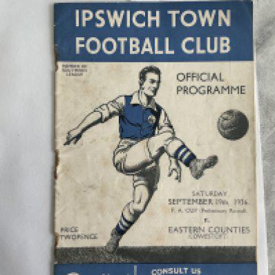 36/37 Ipswich Town v Eastern Counties FA Cup Football Programme: Staples have rusted away leaving holes and marks. Spine is nearly completely split. Programme is complete with no other faults so overall fair. FA Cup preliminary round.
