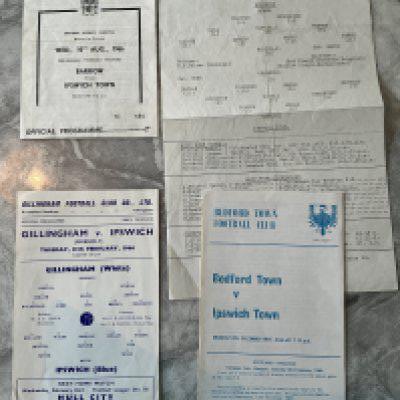 1960s Ipswich Away Friendly Football Programmes: 65/66 Gillingham, 66/67 Barrow, 67/68 Bedford, Brighton. Good. (4)