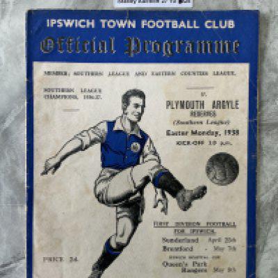 37/38 Ipswich v Plymouth Reserves Football Programme: Southern League 20 page programme in fair condition. A page inside has a piece missing from corner. See online photos.
