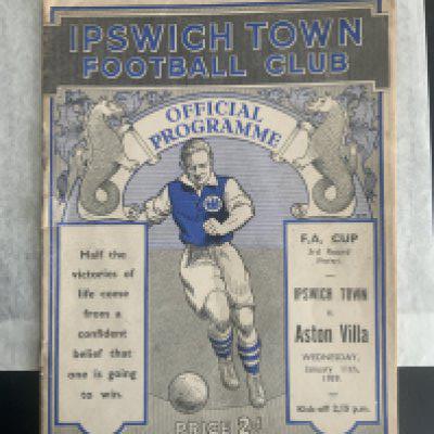 38/39 Ipswich Town v Aston Villa FA Cup Football Programme: 3rd round replay in Towns first season in the football league. Tear on back page and spine. Staples have rotted away. Fair condition.