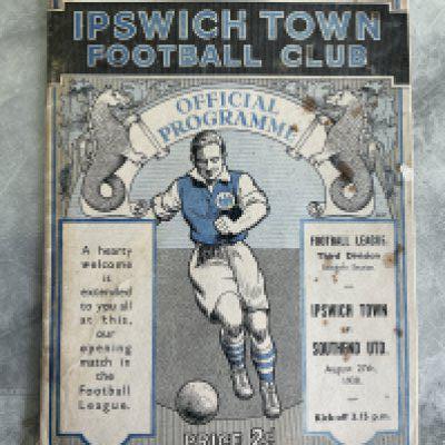 38/39 Ipswich Town v Southend United Football Programme: First home match in the football league for Ipswich. Good condition with no team changes. Some small stains to cover and professional repair.