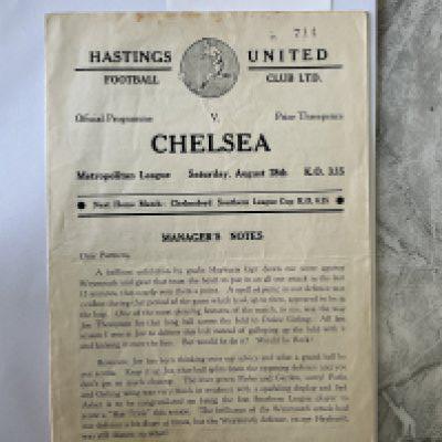 54/55 Hastings United v Chelsea Football Programme: Very good condition 8 page Metropolitan League programme with no team changes. Hand written match report lightly attached inside. Famous season for Chelsea.