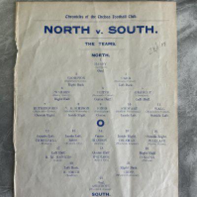 1906 - 1907 England Trial Football Programme At Chelsea: North v South with players from Chelsea Woolwich Arsenal and Manchester United battling it out for a place in the England team. Single sheet ex bound programme has date written in pencil.