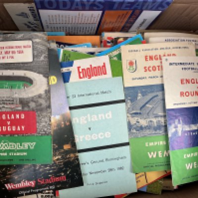 England Home Football Programmes: From the 50s onwards in excellent condition with duplication. Includes Euro 96 and Nigeria Bulgaria etc from a similar era which are harder to obtain. C/W 4 Official England binders used in the 70s and 80s. Many hundreds in 3 boxes.