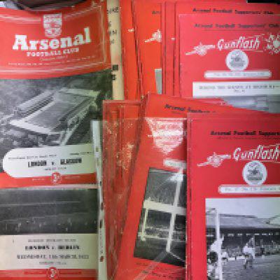 Arsenal + Tottenham Football Programme Box: Arsenal has plenty of Gunflash magazines from the 60s and some programmes of matches at Highbury including 1955 London v Glasgow Schools, 3 different England v Young England, 1953 London v Berlin. Tottenham has some European matches including aways. Instructions to sell. (Box)