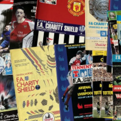 Big Match Football Programmes: 18 x Charity Shields plus many Amateur Cup Finals, Play Off Finals, Vase Finals and more. C/W some other programmes and a menu signed by Bobby Robson. Quantity.