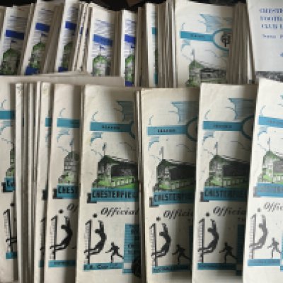 Chesterfield Home Football Programmes: Includes 49/50 Leicester writing to cover, Middlesbrough FA Cup, 50/51 Birmingham, 21 from 56/57 to 59/60. A further 124 spanning the 60s de ade plus some early 70s. Very good with duplication. (est 170)