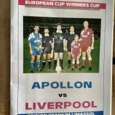 92/93 Apollon v Liverpool ECWC Football Programme: Excellent condition with no team changes and includes Liverpool team group insert.
