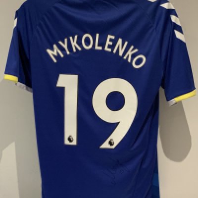 Everton Mykolenko Signed Replica Football Shirt: Hummel short sleeve name and number shirt with tags signed to rear by the player.