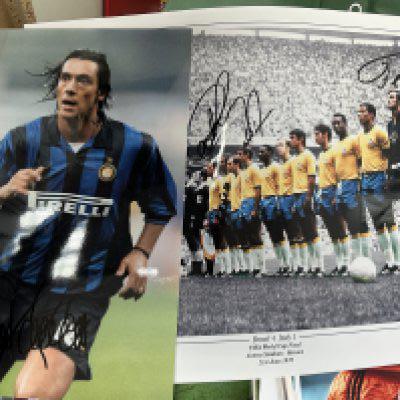 International Player Signed Football Photos: Large photos/prints at least A4 in size with photos hand signed by many stars. Includes Platini Metgod Zidane Deco Shilton Cliff Jones Desailly. (approx 40)