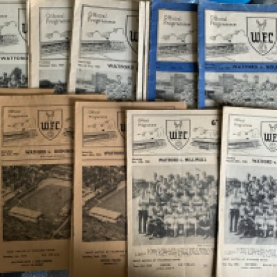 Watford Home Football Programmes: 24 from the mid to late 50s and approximately 120 from the 60s and 70 from the 70s plus 2 binders. 69/70 looks complete. Instructions to sell. Very good. (est 220)
