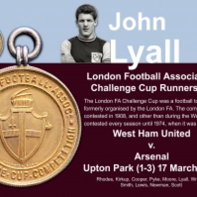 John Lyalls West Ham London FA Cup Football Medal: Quality silver gilt medal in original Vaughtons + Sons box. West Ham were runners up after being defeated by Arsenal on 17 3 1958 at Upton Park.