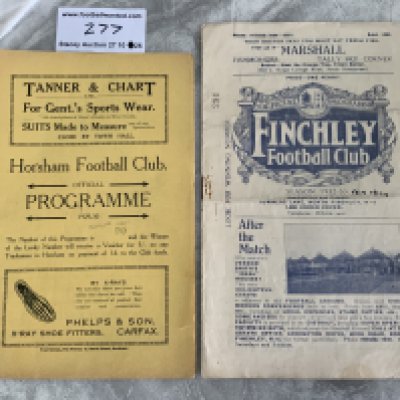 Horsham + Finchley Pre War Football Programmes: 29/30 Horsham A v Bognor A Team and 32/33 Finchley Reserves v North Met semi final for the Middlesex Intermediate Cup with date written. Good condition first team programmes with no team changes. (2)
