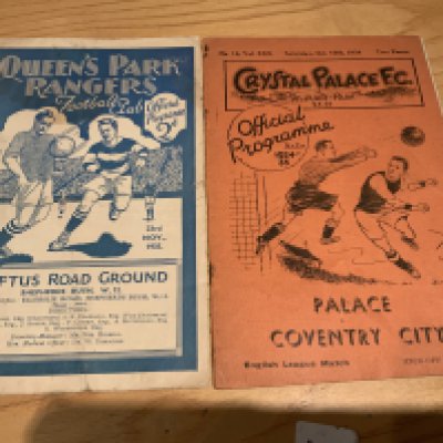 1930s Crystal Palace Football Programmes: Home v 34/35 Coventry with rusty staples but no team changes. C/W poor condition away at 35/36 QPR. (2)