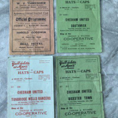 37/38 Non League Football Programmes: Chesham United v Tunbridge Wells good, Bicester poor, both FA Cup qualifying, Southwark Amateur Cup qualifying good. C/W Aylesbury v Waterlows ( Dunstable ) and Windsor v Hitchin staple rusted away. Fair/good. (5)