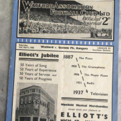 37/38 Watford v QPR Football Programme: Good condition Division 3 South match with team changes.