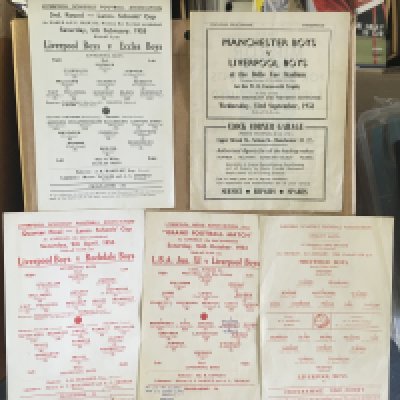 1950s Liverpool Boys Football Programmes: Aways v 53/54 Manchester at Belle Vue, 54/55 Sheffield at Bramall Lane. Home single sheets v Eccles at Walton Road and two from Anfield in 54/55 v League X1 and Rochdale. Excellent. (5)