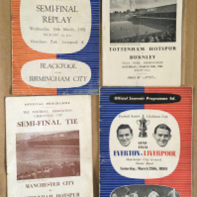 FA Cup Semi Final Football Programmes: 1950 Everton v Liverpool, 1951 Blackpool v Birmingham replay at Everton, 1956 Man City v Tottenham, 1961 Tottenham v Burnley. All good with folding. (4)