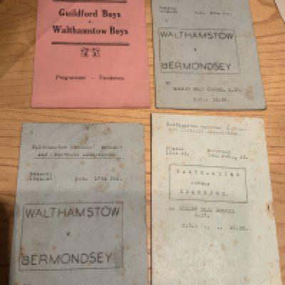 1940s Walthamstow Avenue Football Programmes: Former property of Walthamstow player and England International cricketer Doug Insole. 44/45 Walthamstow Schools v Edmonton Guildford and Bermondsey x 2. There are a couple of programmes from the same season where Doug was breaking into the mens team and another from 46/47 and 49/50. We have added 53/54 Bromley to this lot but not from Insole. Mixed conditions. (9)
