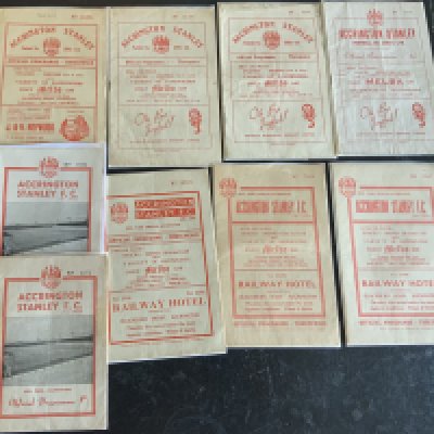 Accrington Stanley Football Programme Collection: Small collection from their League days 5 x 1950s and 4 x 1960s. Contains three v Crewe 1953/4, 1955/6 and 1960/1 as well as two from their expunged 1961/2 season Barrow and Bradford City (Last issue), three are in mint condition, other faults mostly minor. (9)