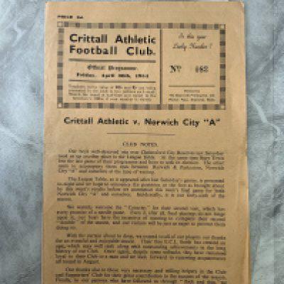 53/54 Crittall v Norwich City A Football Programme: Eastern Counties League 4 pager with team changes dated 30 4 1954. Very good.
