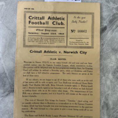 52/53 Crittall v Norwich City A Football Programme: Eastern Counties League 4 pager with team changes dated 23 8 1952. Very good.