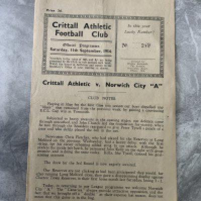 54/55 Crittall v Norwich City A Football Programme: Eastern Counties League 4 pager with team changes dated 119 1954. Very good.
