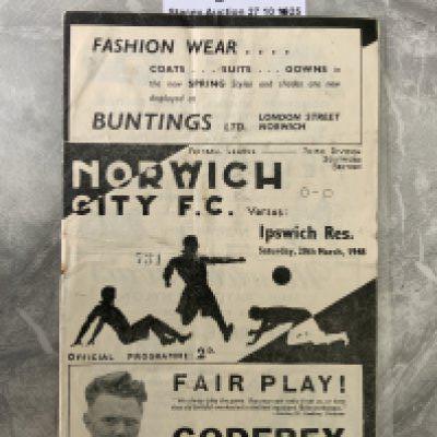 47/48 Norwich City Reserves v Ipswich Football Programme: Football Combination with pencilled team changes dated 20 3 1948. Very good with pencilled score to cover.