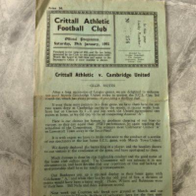 54/55 Crittall v Cambridge United Football Programme: Eastern Counties League Cup match with team changes dated 29 1 1955. Good with fold.