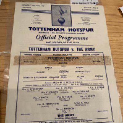 60/61 Tottenham v The Army Football Programme: Harder to obtain friendly from Spurs double season. Sellotape mark along centre. No team changes. Instructions to sell.