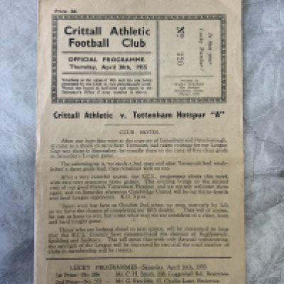 54/55 Crittall v Tottenham A Football Programme: Eastern Counties League match with team changes dated 28 4 1955. Very good.