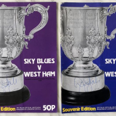 John Lyalls 1981 Rare League Cup Final Football Momentos: Semi final programme at Coventry. Both the standard blue colour and the mysterious purple version. Photo of Lyall and Liverpool manager Paisley leading the teams out signed by Lyall. Newspaper cuttings kept by his wife relating to the poor refereeing of Clive Thomas.