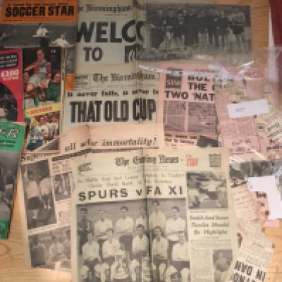 Tottenham Football Memorabilia Box: Includes newspapers and cuttings which feature FA cup semi finals, Charity Shield. 39 Team sheets, magazines, videos, calendars, posters. Tottenham victory cards in official binders 2002-03 to 2005-2006. 1960 supporters club membership card. Worth a look.