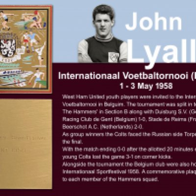 John Lyalls 1958 West Ham Youth Tournament Boxed Plaque: Front of box has the words International Sport Festival Gent 1958. Attractive plaque inside awarded to all West Ham players. They got through to the final and drew with Torpedo Moscow in the final with the game decided in the Russian teams favour based on corner kicks.