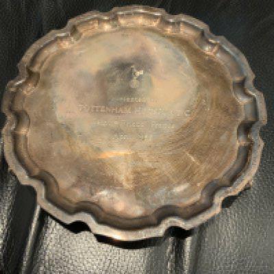 Tottenham 1989 Football Gift: Footed salver with the words presented by Tottenham Hotspur FC Saint Brieuc France April 1989. Been used as a tea pot stand and showing discolouration. Youth tournament near Brittany.