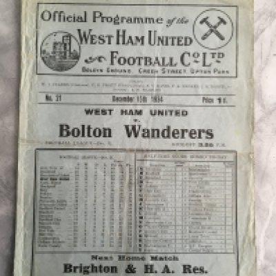 1934 - 1935 West Ham v Bolton Football Programme: Fair condition division two programme with no team changes. Creasing and folding.