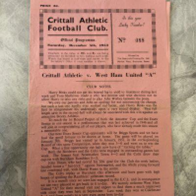 53/54 Crittall v West Ham A Football Programme: Eastern Counties League match with team changes dated 5 12 1953. Good with folding.