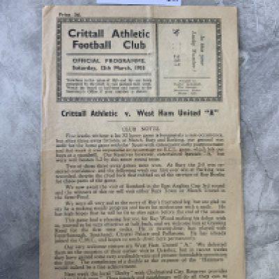 54/55 Crittall v West Ham A Football Programme: Eastern Counties League match with team changes dated 12 3 1955. Very good.