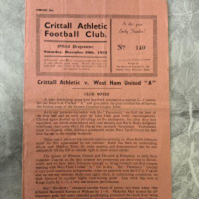 52/53 Crittall v West Ham A Football Programme: Eastern Counties League match with team changes dated 20 12 1952. Very good with folding.